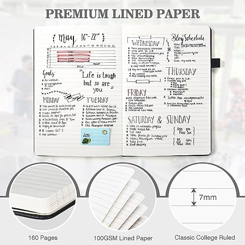 OMEYA Lined Journal Notebook, 3 Pack A5 College Ruled Notebooks for Work, Hardcover Notebook Each with 2 Pockets & Pen, Leather Journal for Women, Men, 160 Pages, 100GSM Thick Paper (Black)