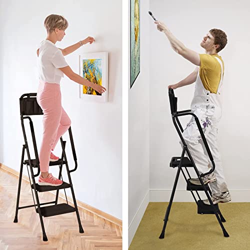 HBTower 3 Step Ladder with Handrails, 500 lbs Folding Step Stool with Attachable Tool Bag & Anti-Slip Wide Pedal for Home Kitchen Pantry Office (3-Step)
