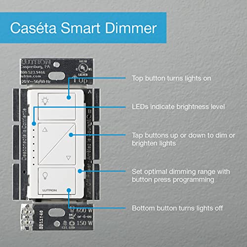 Lutron Caseta Smart Lighting Original Dimmer Switch w/ Pico Remote and Bracket, for LED Lights, Works w/ Alexa, Apple Homekit, Google Home (Hub Required), 150W, No Neutral Required, P-PKG1WB-WH
