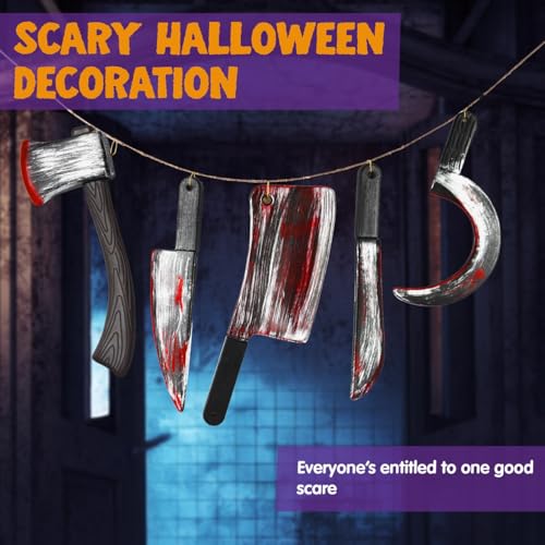 JOYIN 5 Pcs Knife Weapons Halloween Decorations Outdoor Indoor Toys Halloween Home Decor Haunted House Fake Blood, Machete Axe Cleaver Sickle