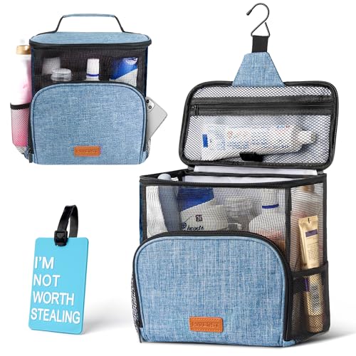 Hiverst Hanging Toiletry Bag, Shower Caddy Tote Bag (Updated Version, Full Size Bottle Compatible), Bath Organizer for College Dorms, Gym, Camp, Women Men, with Funny Luggage Tag