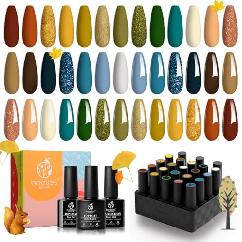 Beetles Cat Eye Gel Nail Polish Set, 15 Colors Halloween Gel Polish, Orange Glitter Purple White Blue Sparkle Uv Gel with Base & Top Coat & 3D Silicone Mold Nail Art for Decoration
