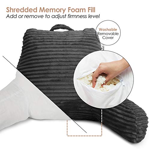 Nestl Reading Pillow for Bed Adult – Back Pillow for Sitting in Bed, Standard Plush Bed Pillows for Sitting Up in Bed, Shredded Memory Foam Bed Chair Pillow with Arms and Pockets, Grey Bed Rest Pillow