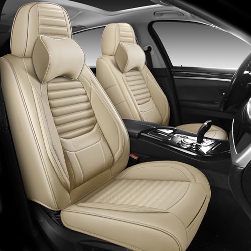 GEEYONTEK Car Seat Covers Front Set, Leather Seat Covers Front and Rear 2pcs Seats with Headrest Pillow, Airbag Compatible, Universal Seat Protectors Suitable for Most SUV Trucks Pick-up(Beige)
