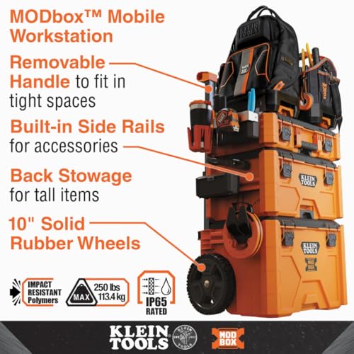 Klein Tools 54802MB MODbox Rolling Tool Box, Heavy Duty Portable Tool Organizer with Side Mounting, 10-Inch Rubber Wheels, Removable Handle, Deep Stackable Set