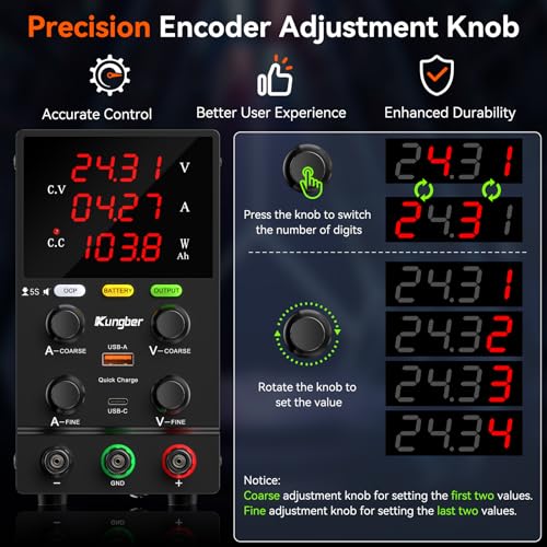 DC Power Supply Variable, 30V 10A Adjustable Switching Regulated DC Bench Power Supply with Intelligent Charging Mode, 18W USB Interface, Precision Encoder Knob (Black)