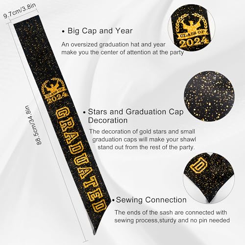 GraduatePro Unisex 2024 Graduation Sash with Gold Glitter Letter Graduated Graduate Hat for Party Gift Black