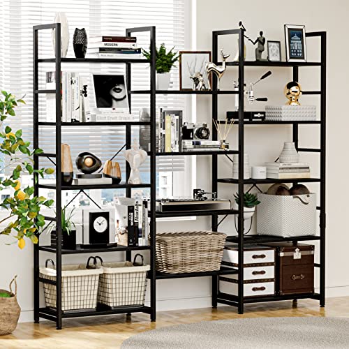 NUMENN Triple Wide 4 Tier Bookshelf, Adjustable Rustic Industrial Style Bookcases with 11 Open Display Shelves, Modern Tall Bookcase Furniture for Bedroom, Living Room and Home Office, Black