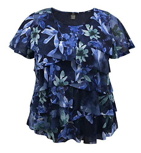 LEEBE Women’s Plus Size Printed Mesh Ruffle Top (1X-5X) (Black/Lav Floral M)