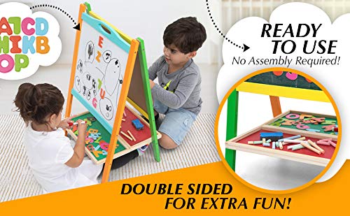 Double Sided Wooden Art Easel for Kids Standing Magnetic Whiteboard Chalkboard Small Toddler Toys. Includes Wooden ABC Numbers. Eco Friendly