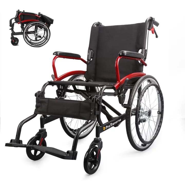 ProTraverse Wheelchairs for Adults,self-propelled Transport Chair,Foldable and Portable Travel Wheelchair with Swing-Away Footrests,Lightweight Transfer Wheelchairs for Adults adnd Seniors(Red)