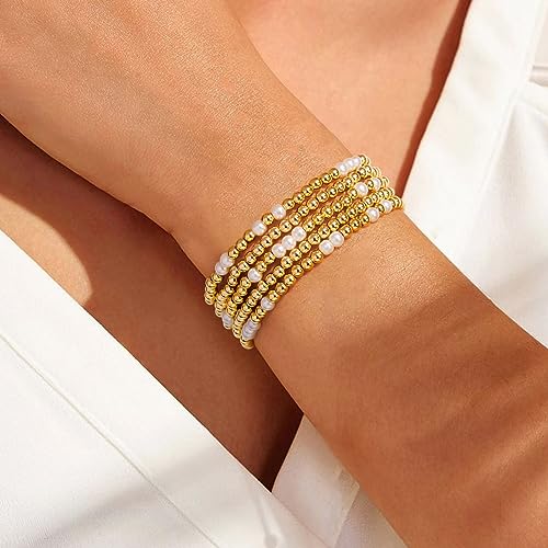 Gold Bracelets for Women Gold Bracelet Stack Pearl Bracelet Beaded Bracelets for Women 14K Gold Plated Stretch Bead Ball Bracelet Sets Jewelry for Christmas Birthday Gifts