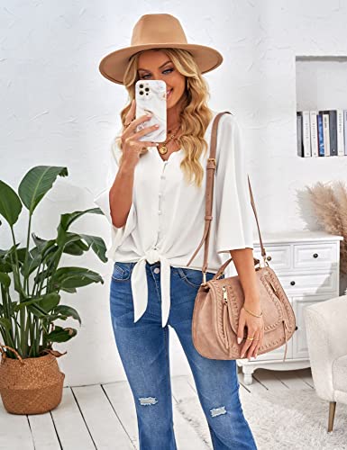 luvamia Women's Casual V Neck Tops 3/4 Sleeve Tie Knot Blouses Bell Sleeve Top V Neck Top Flowy Top White Size Large Fits Size 12 / Size 14