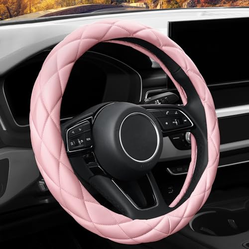 YHONGJT Soft Microfiber Leather Steering Wheel Cover, Universal 15 Inch for Women Girls, Fit Vehicles, Sedans, SUVs, Vans, Trucks - Light Pink