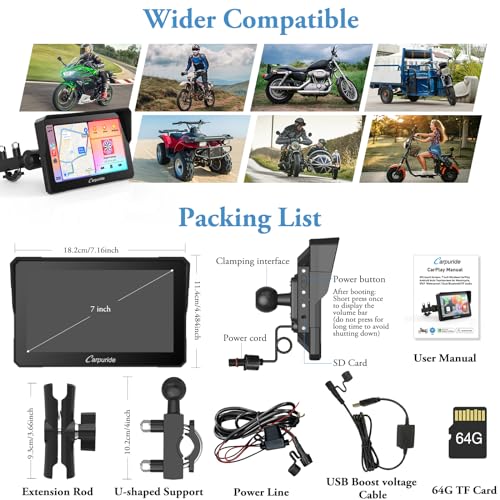 Carpuride W502 Motorcycle GPS Wireless Portable Carplay/Android Auto Waterproof Car Stereo, 5" IPS Touch Screen with Dual Bluetooth, Navigation/Siri/G00gle Assistant for Motorbike