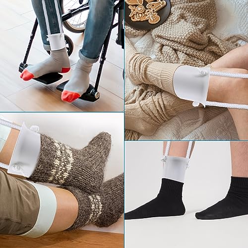 Jellas Sock Aid Kit, Flexible Sock Aid Device with Long Rope - Sock Puller aid Easy on and Off Device for Putting On and Removing Socks or Stockings, Sock Helper for Independence and Comfort (White)