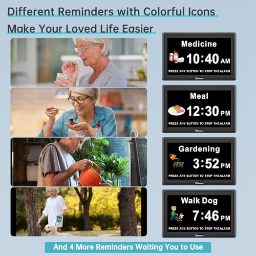 Soobest Digital Dementia Day Clock for Seniors with 12 Alarms โ Multiple Reminders for Elderly Large Display Calendar Desk Clock with Date for Gift for Alzheimer Bedroom Desk Shelf Adapter Included