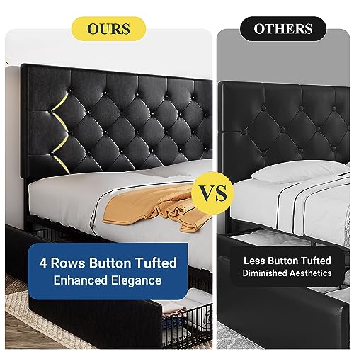 Allewie Upholstered Queen Size Platform Bed Frame with 4 Storage Drawers and Headboard, Diamond Stitched Button Tufted, Mattress Foundation with Wooden Slats Support, No Box Spring Needed, Black Brown
