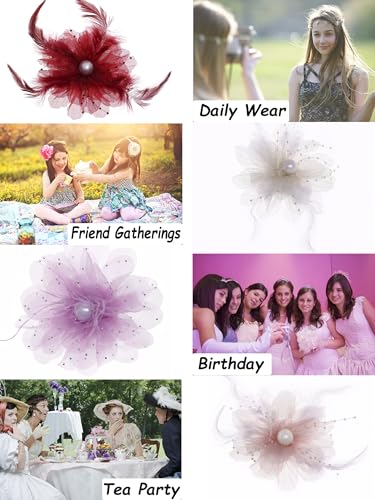 Taouzi Fascinators Hats for Women Tea Party Pink Purple Gold Fascinators Flower Mesh Ribbons Feathers on a Headband and a Clip Tea Party Headwear for Women Style 1