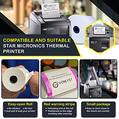 Vonlyst Receipt Paper Roll 3 1/8 x 230 for Square Register and Square POS System connected to Star Micronics Thermal Printer (Pack 12 rolls)