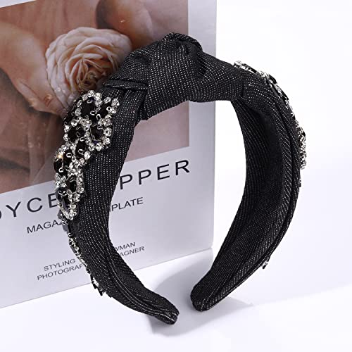 GLBCC Flower Knot Headband Rhinestone Crystal Flower Knotted Hairband Headpiece Wide Vintage Head Band for Women Spring Summer Hairpiece Hair Accessories Gift (black flower hairband)