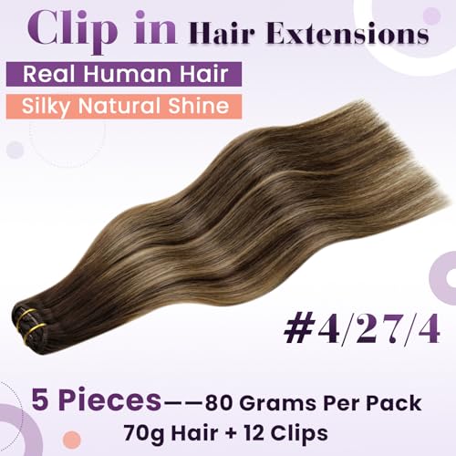 LaaVoo Clip in Hair Extensions Blonde Highlights 12 Inch Ash Blonde Mix Bleach Blonde Real Hair Extensions Clip in Human Hair Silky Straight 5pcs 80G