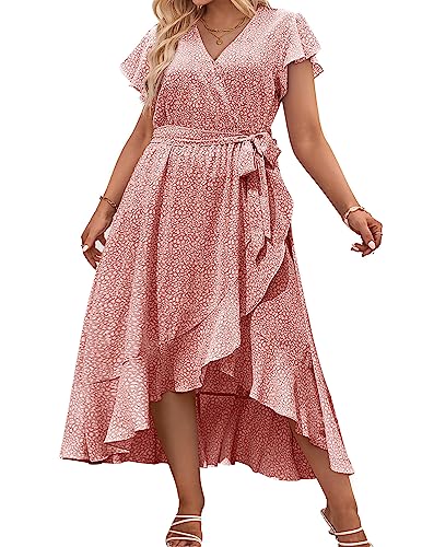 IN'VOLAND Plus Size Womens Casual Floral Deep V Neck Short Sleeve Long Evening Dress Cocktail Party Maxi Wedding Dresses