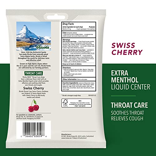 Ricola Max Throat Care Swiss Cherry Large Bags | Cough Suppressant Drops | Dual Action Liquid Center | Soothing Long-Lasting Relief - 34 Count (Pack of 2)