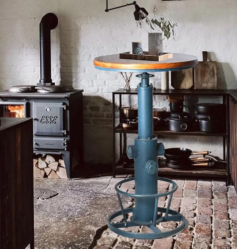 LOKKHAN Industrial Bar Table 38.6"-48.4" Height Adjustable Swivel Round Wood Tabletop 23.7" Dia, Kitchen Dining Office Coffee Bistro Pub Table (Aged Blue)