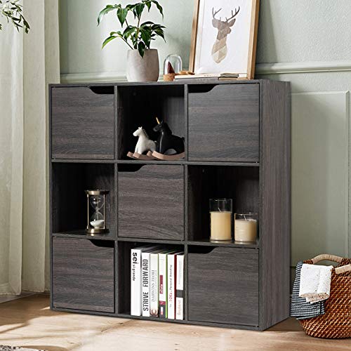 Giantex 9-Cube Storage Organizer, Storage Cabinet with 4 Open Cubes and 5 Cabinets, Freestanding Wooden Cubby Bookcase, Compartment Units for Home Office, 3-Tier Bookshelf for Books
