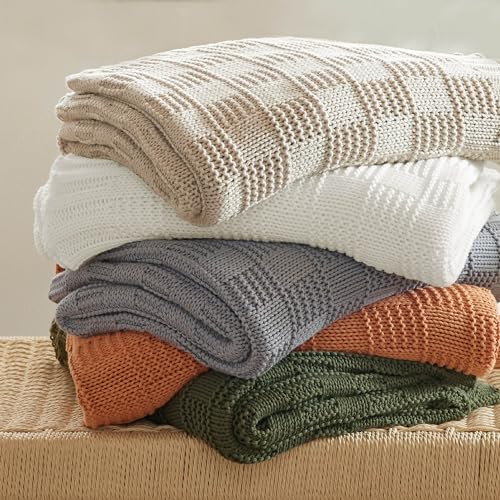 Bedsure 100% Cotton Knitted Throw Blanket for Couch, Checkered Chunky Knit Blanket for Summer, Soft Breathable and Lightweight Linen Beige Throw Blanket, Throw (50" x 60")