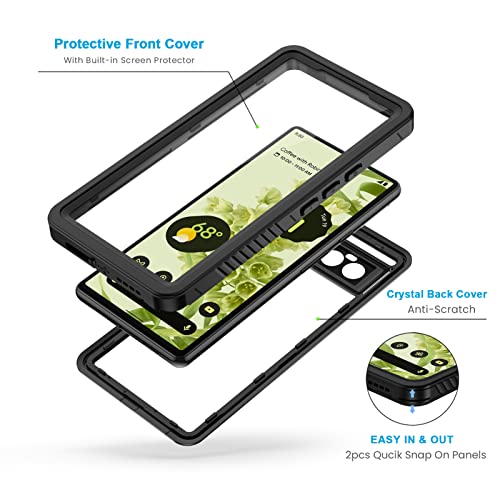 Lanhiem for Google Pixel 6 Case, IP68 Waterproof Dustproof with Built-in Screen Protector, Heavy Duty Full Body Protective Phone Case for Pixel 6, Black/Clear