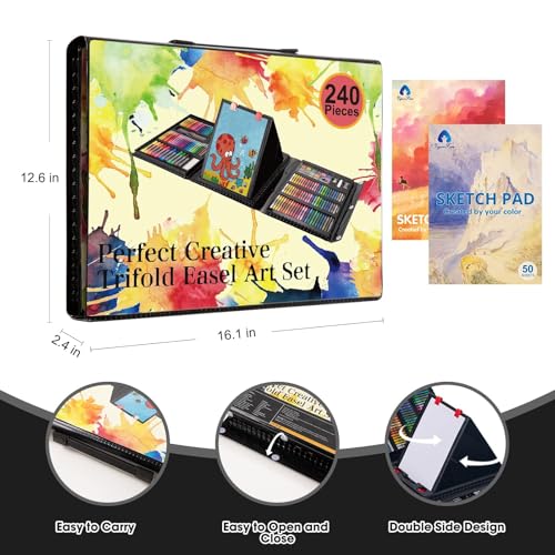 VigorFun Art Supplies, 240-Piece Art Set Crafts Drawing Kits with Double Sided Trifold Easel, Sketch Pads, Crayons, Colored Pencils, Gifts for Kids Girls Boys Teen Ages 4-6-8-9-12 (Black)