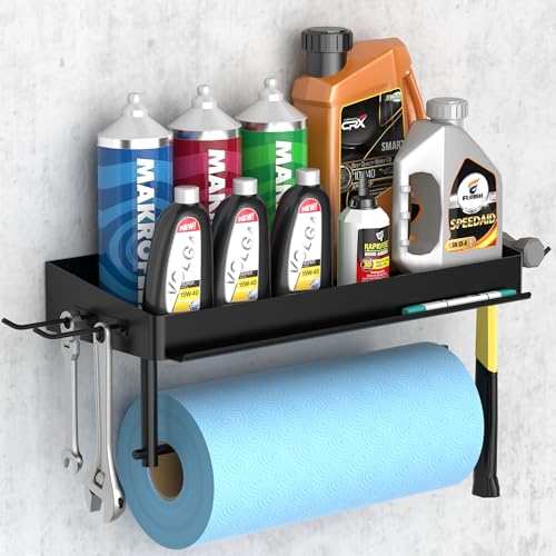 Taozun Garage Paper Towel Holder, Wall Mount Shelf, Shop Towel Holder, One-Hand Tear, Paper Towel Holder Wall Mount with 4 Detachable Hooks for Garage Organization and Storage(Black)
