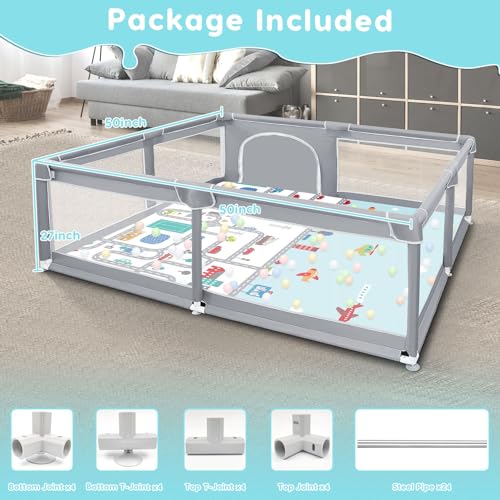 Fshibila 50" ×50" Baby Playpen, Baby Playard for Babies and Toddlers, Baby Fence Play Pens for Indoor & Outdoor, Sturdy Safety Play Yard with Soft Breathable Mesh, Anti-Fall, Grey