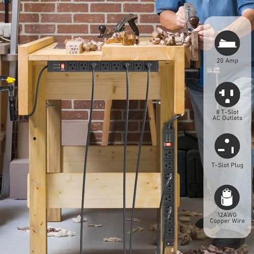 JUNNUJ 20 Amp Power Strip Surge Protector 4800J, Heavy Duty 8 Outlet Metal Multi Angle Mount, 20A Garage Power Strip Shop 6-20R T-Slot, 5-15P Plug 12 Gauge Extension Cord 6ft for Appliance