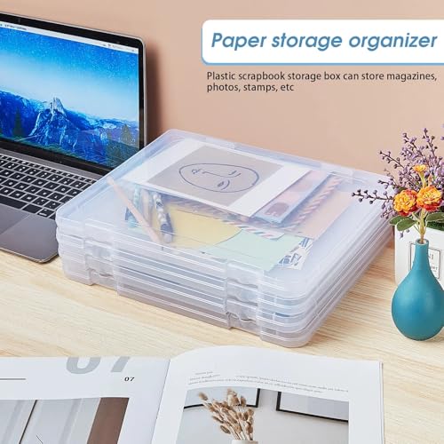 Gueevin 8 Pcs Clear A4 File Portable Paper Project Case, Storage Container, Plastic Flat Box Buckle, Document Letter Storage Box with Handle, 12.2 x 9.06 x 0.79 in for Board Game Magazine Scrapbook