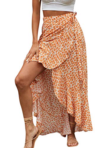 BerryGo Women's Boho Floral Wrap Maxi Skirt Sarong Coverups High Waisted Long Skirt with Slit Orange-S