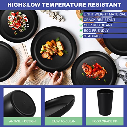 afcevnlb 48-Piece Plastic Wheat Straw Dinnerware Sets Plates and Bowls Sets for 8 Lightweight Bowls Unbreakable Dish Set Dishwasher Microwave Safe Suitable for Camping Party Grill(Black)
