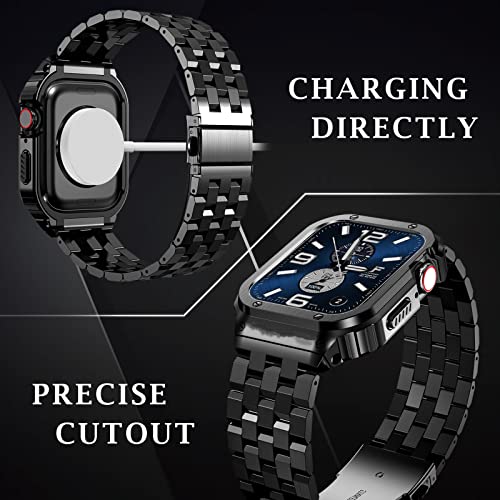 SUPLINK Stainless Steel Case and Band Compatible with Apple Watch Bands 38mm 40mm 41mm,Metal Rugged Cover Bumper Strap for iWatch Apple Watch Series 9 8 7 6 5 4 3 2 1 SE Men Women Black