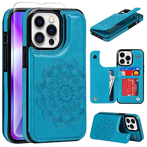Anyisposs Phone Case for iPhone 14 Pro Wallet Case 6.1 inch Tempered Glass Screen Protector Leather Card Holder Slots Stand Cover Flip Cases Cell iPhone14Pro 5G i i-Phone i14 iPhone14 14Pro Men Blue