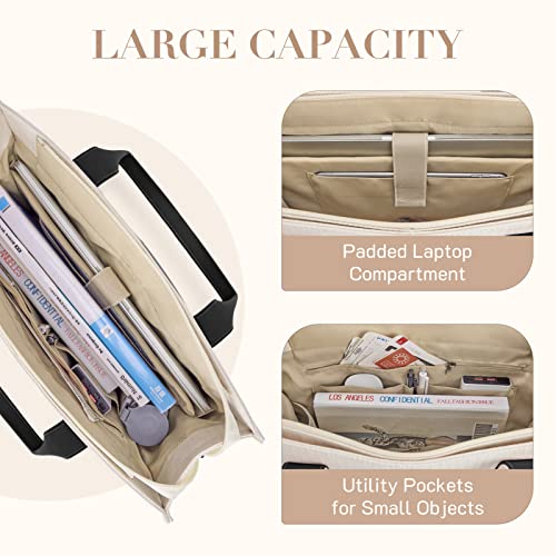 Missnine Tote Bag Canvas Laptop Bag 15.6 inch Briefcase for Women Large Capacity Handbag for Office, College, Travel (Black+Beige)