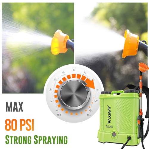 Battery Powered Backpack Sprayer 3.2 Gallon, VAXMAY 80 PSI Electric Graden Sprayer Works with Makita 18V Battery, Weed Lawn Sprayer with Telescopic Wand, 5 Nozzles, 2.0 Ah Battery & Charger Included