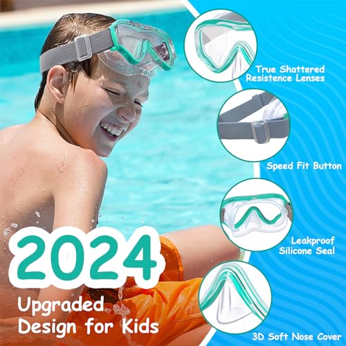 Vvinca Swim-Goggles with Nose Cover, 2 Packs Elastic Fabric Strap Snorkel Diving Mask Anti Fog UV No Pull Hair for Kids 3-14, 06-Black-Green/Black-Blue