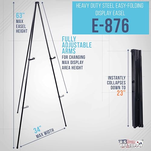U.S. Art Supply 63" High Heavy Duty Steel Easy Folding Display Easel (Pack of 6 Easels) - Adjustable Height Display Holders - Portable Tripod Stand, Presentations, Event Signs, Posters, Holds 10 lbs
