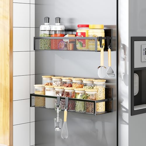Aufworld Magnetic Spice Rack for Refrigerator, 2 Pack Magnetic Shelf, Fridge Magnet Organizer with Moveable 4 Hooks, Magnetic Fridge Shelf for Kitchen Organization and Storage (2 Pack)