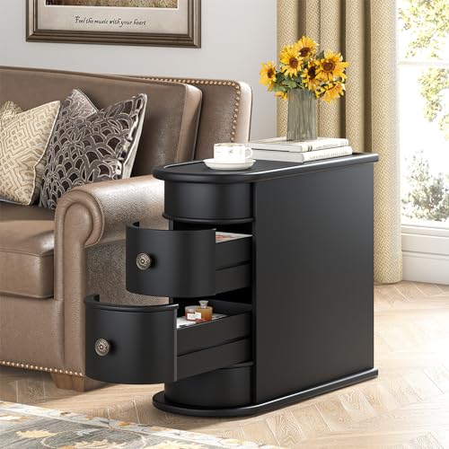 Tribesigns End Table with 2 Drawers, Black Sofa Side Table with Storage, No Assembly Required, Closed Back, Slim Nightstand Vintage Wood Chairside Bedside Narrow Accent Table for Living Room Bedroom