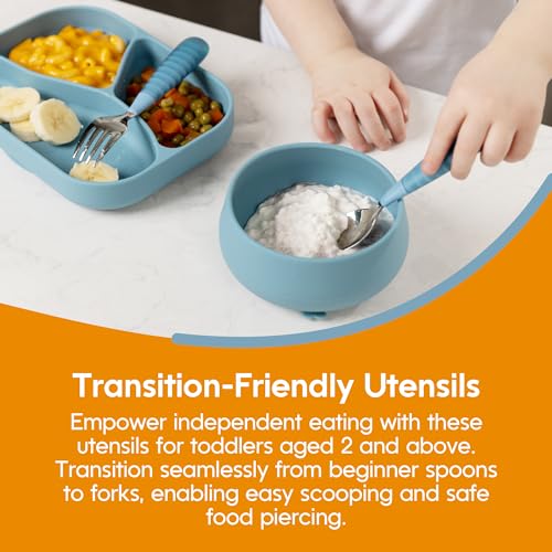 NumNum Toddler Utensils, Pre-Spoon, Fork & Spoon GOOtensils - 4th Stage Silverware Feeding Kids Aged 2+ Years w/Stainless Steel Heads - Silicone Food Feeding Supplies - Set of 2, Pacific Blue