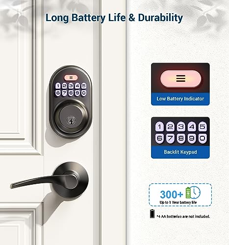 Veise Keyless Entry Door Lock with 2 Lever Handles - Electronic Keypad Deadbolt, Auto Lock, Back Lit & Easy Installation Design, Front Door Handle Sets, Matte Black