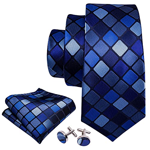 YOHOWA Men Tie Clip Set Plaid Silk Necktie Pocket Square Cufflinks Formal Business Wedding Prom